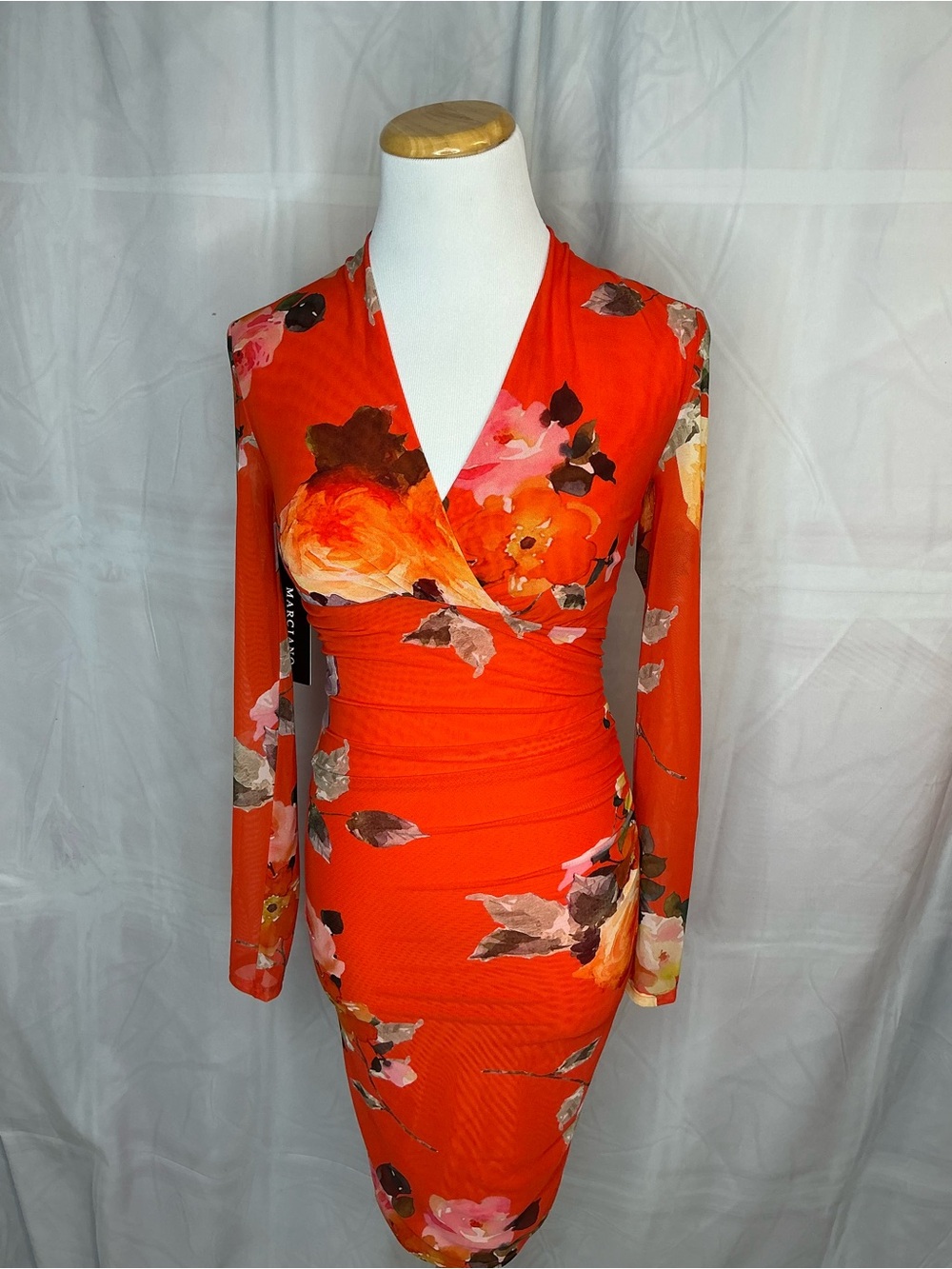 2336 - Marciano Red-Orange Floral Wrap Dress